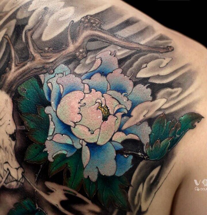 国色天香.纹身图片_背部肩部新传统老传统牡丹满背牡丹纹身图案