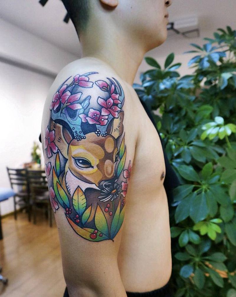 福鹿纹身图片_手臂腿部Old School鹿纹身图案