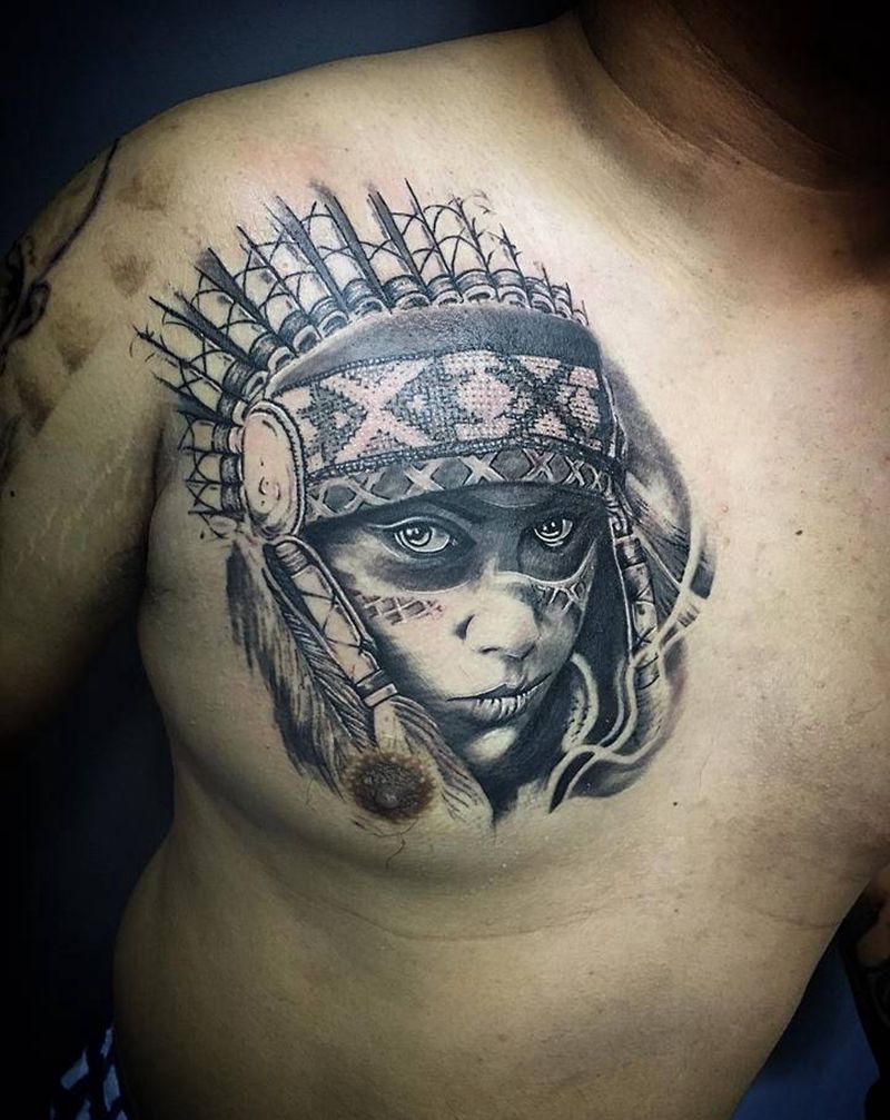 印第安GIRL纹身图片_胸部纹身图案