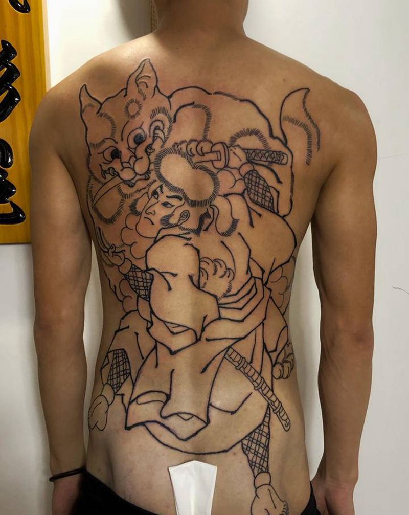 镰田又八纹身图片_背部臀部老传统猫妖纹身图案