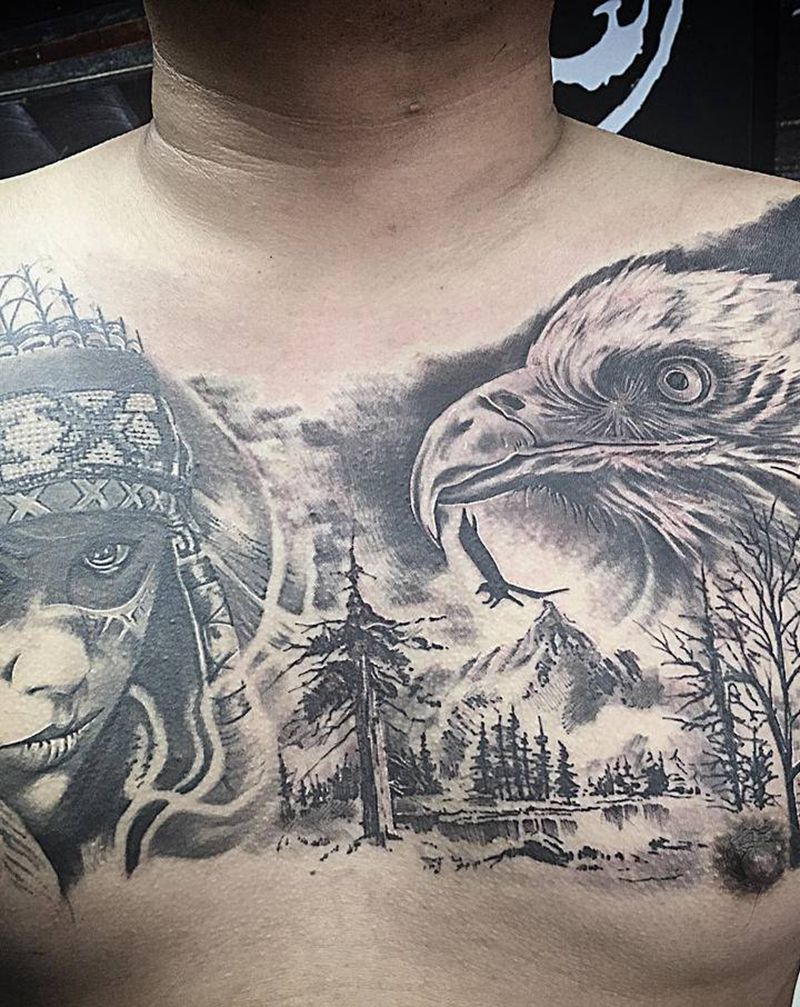 印第安素材花胸纹身图片_胸部纹身图案