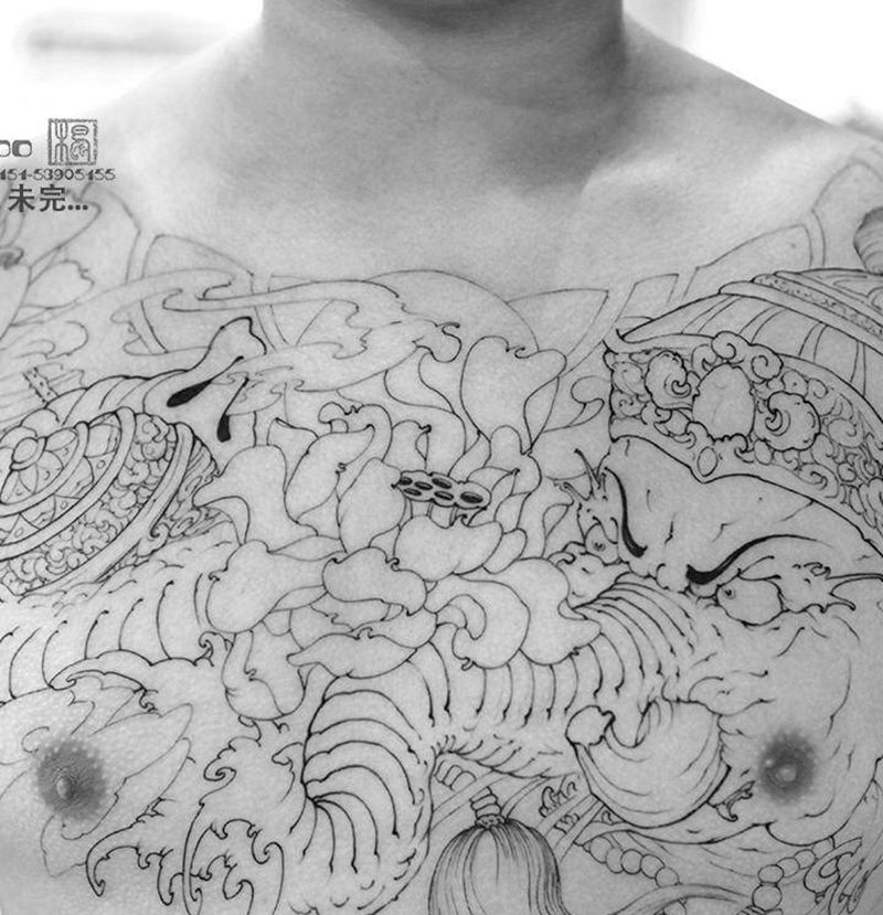 象财神.纹身图片_胸部背部老传统新传统象神花胸彩色纹身图案