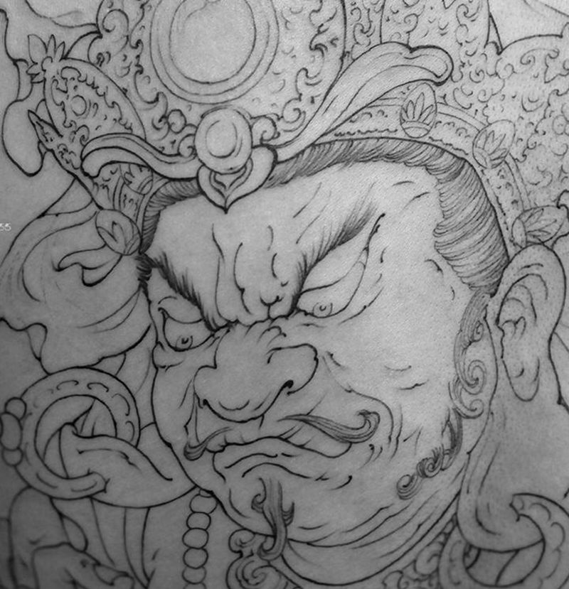 黄财神.纹身图片_腰部背部老传统新传统财神满背招财纹身图案