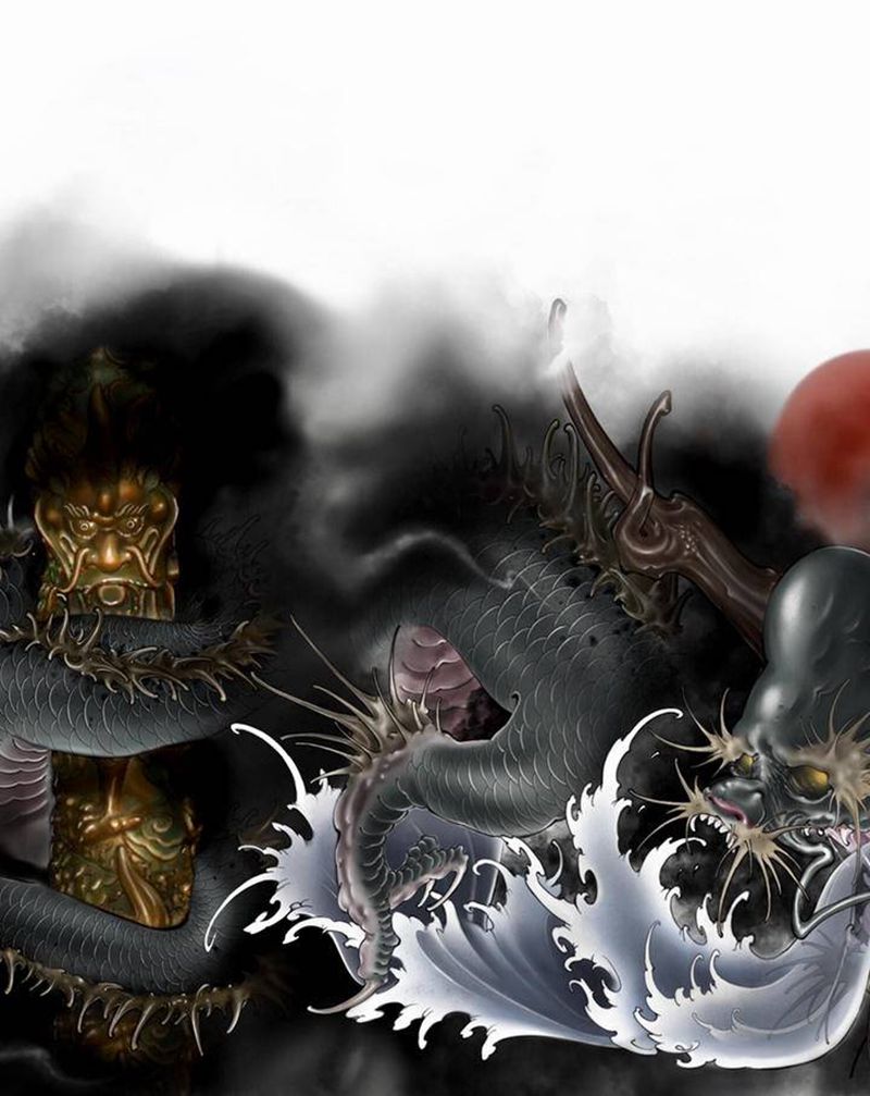 《乾龙游四海》纹身图片_腰部背部新传统手稿纹身图案