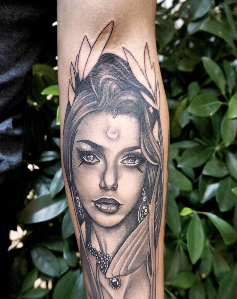 写实月亮女神纹身图片_手臂欧美写实纹身图案