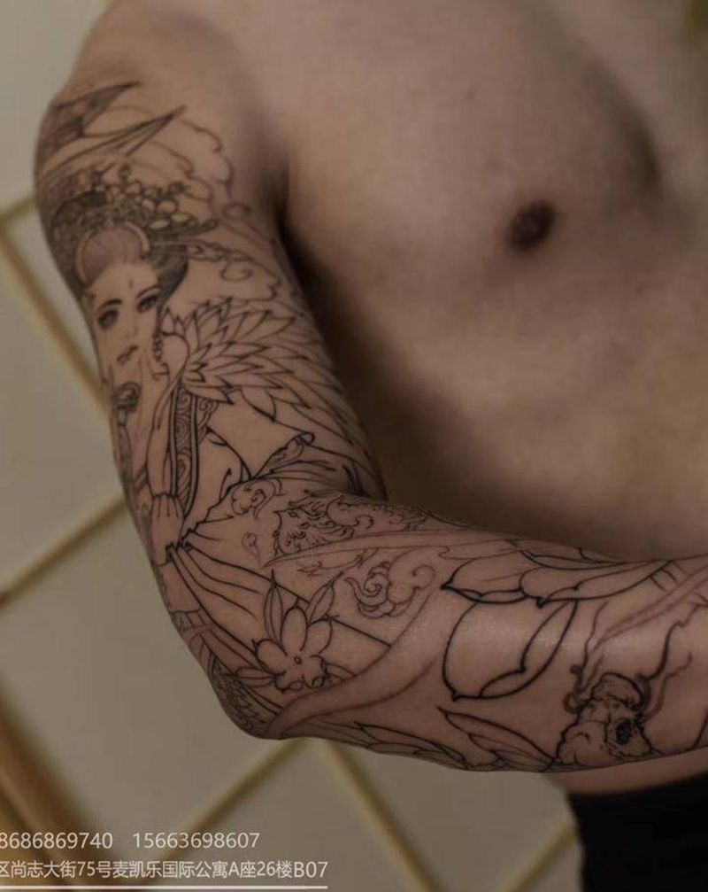 艺妓般若花臂纹身图片_手臂新传统艺妓般若纹身图案