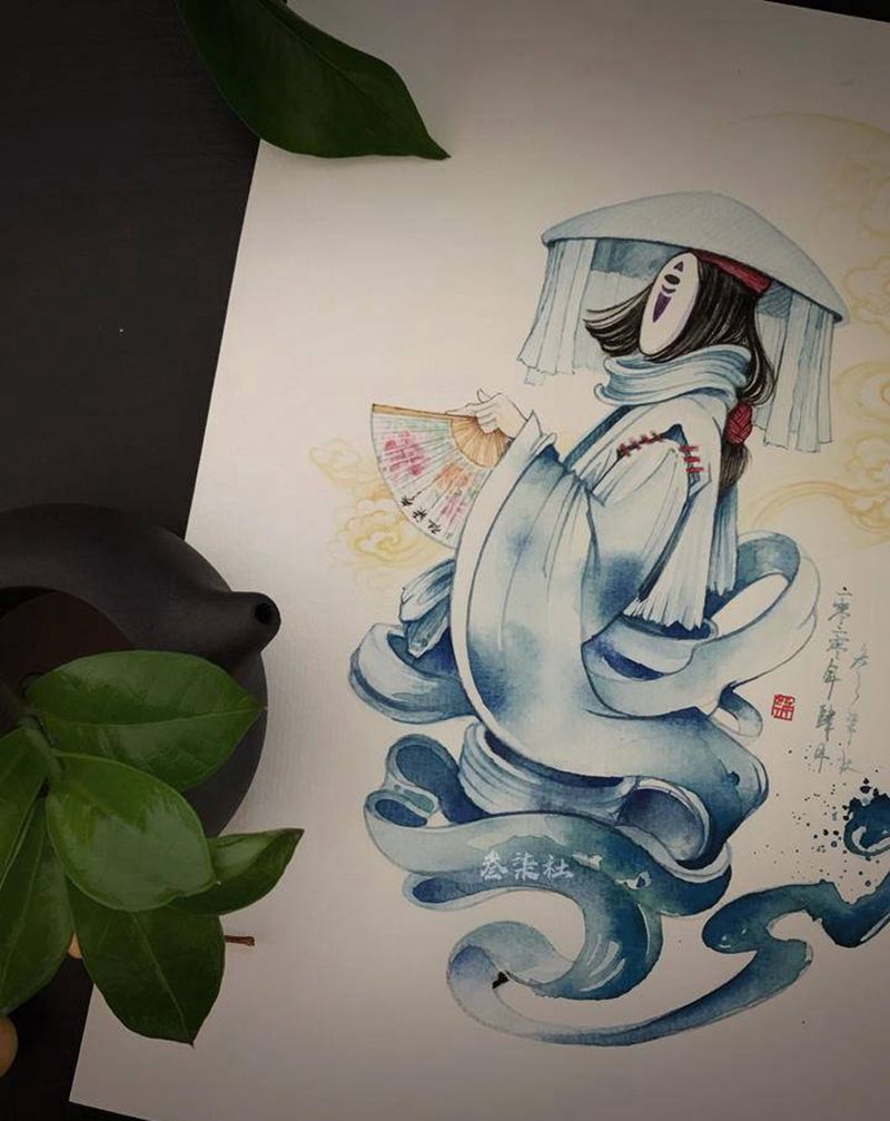水神纹身图片_水彩水墨手稿设计原创纹身图案