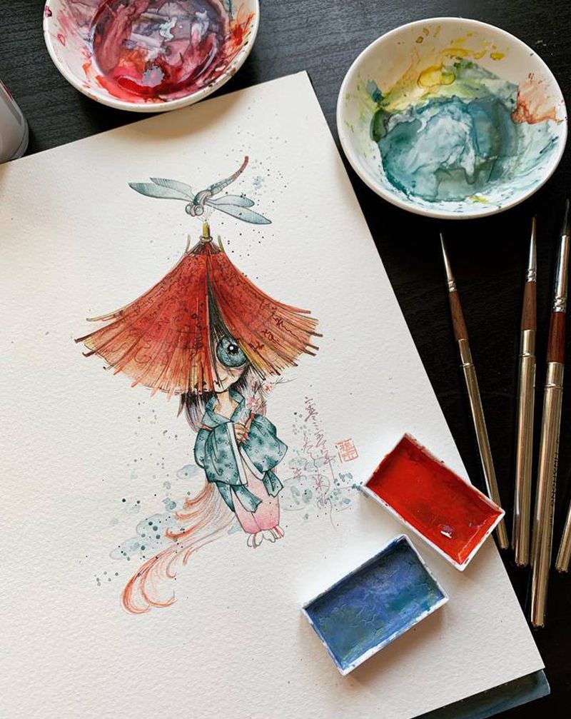 伞妖纹身图片_水墨水彩手稿设计原创纹身图案