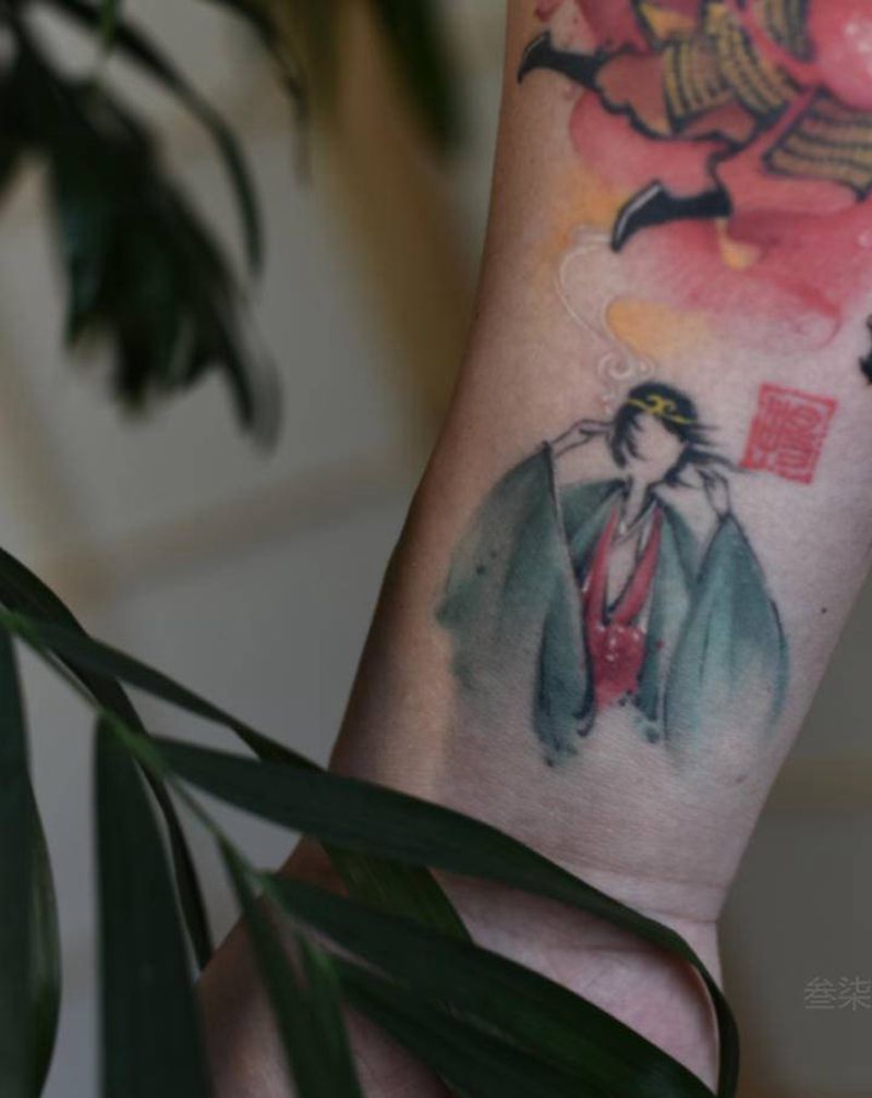 不负如来不负卿纹身图片_手臂水墨水彩书法彩色大圣纹身图案