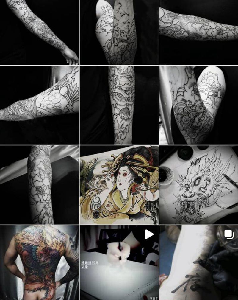 传统柒纹身图片_手臂背部新传统唐狮子牡丹龙纹身图案