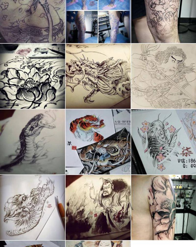 手稿合集纹身图片_胸部腿部新传统龙虎蛇纹身图案