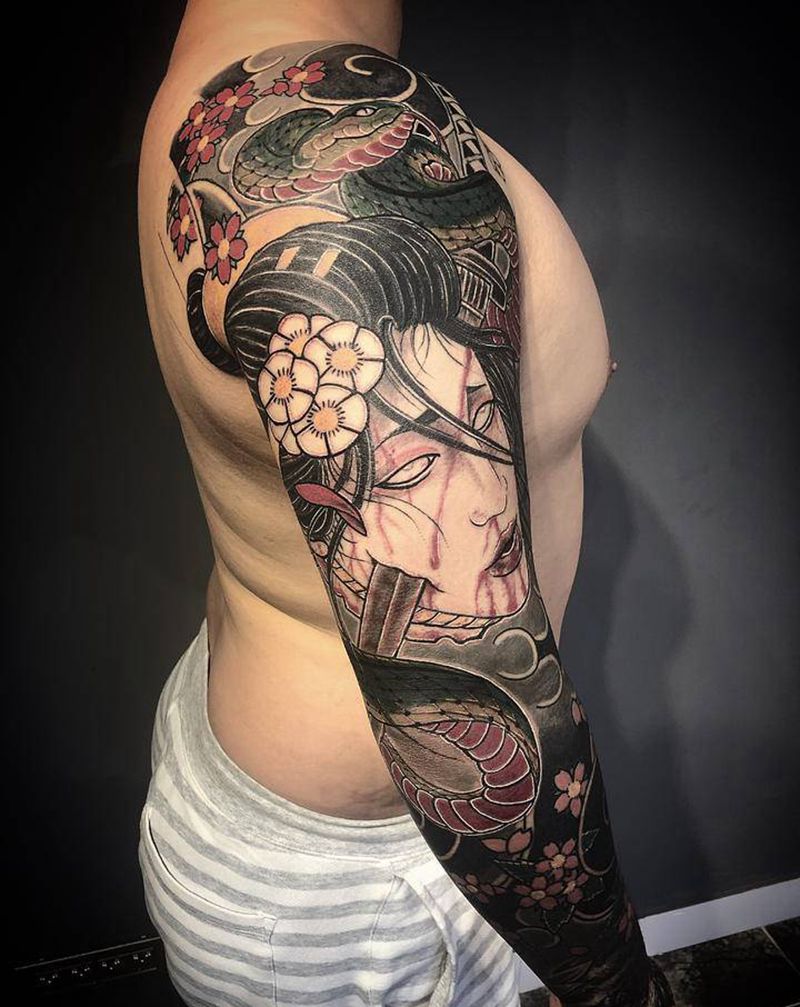 尸首➕青蛇➕般若纹身图片_手臂纹身图案