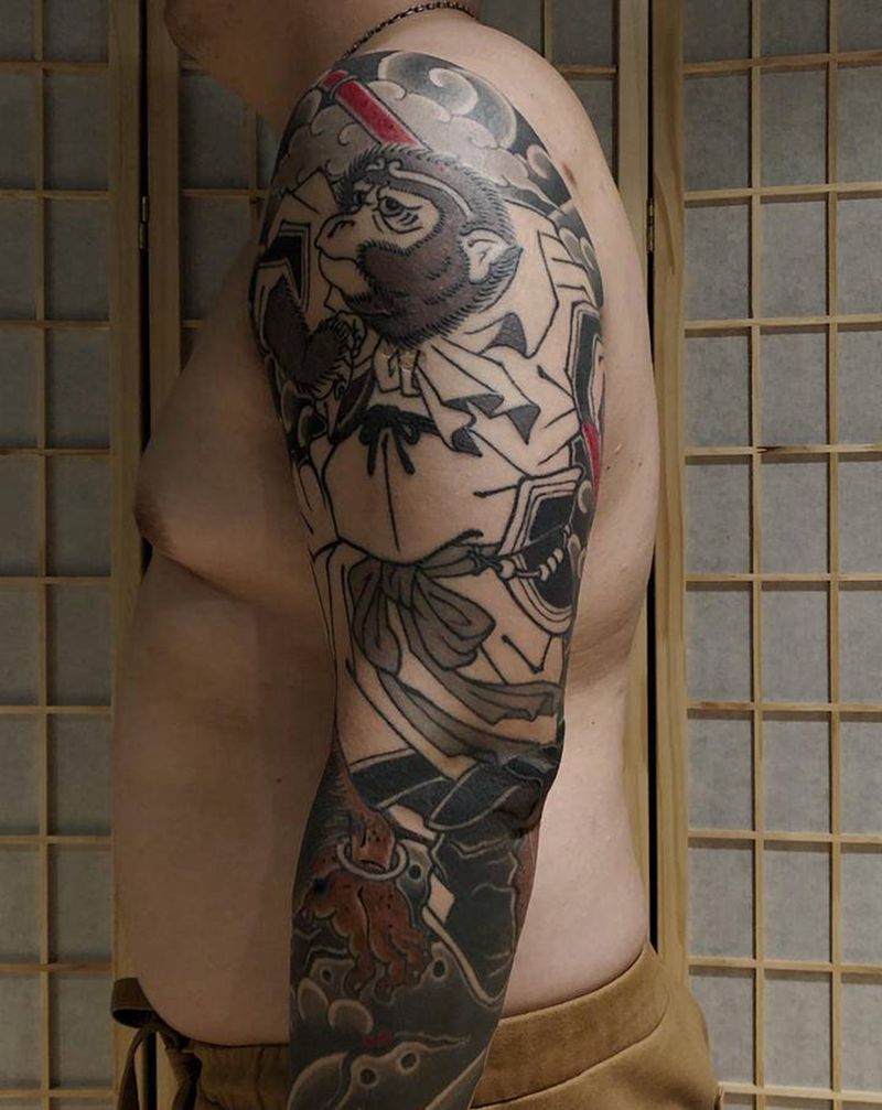 孙悟空纹身图片_肩部手臂老传统孙悟空纹身图案