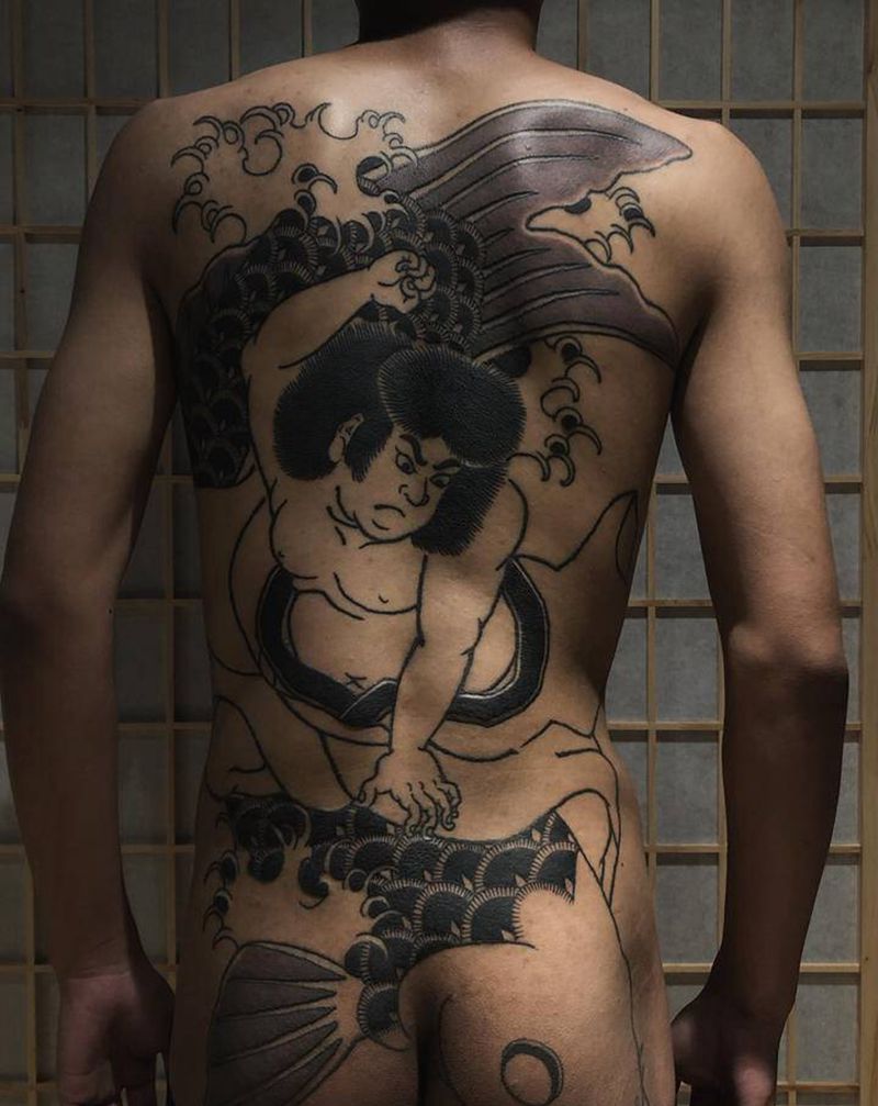 金太郎纹身图片_背部老传统金太郎 魚纹身图案