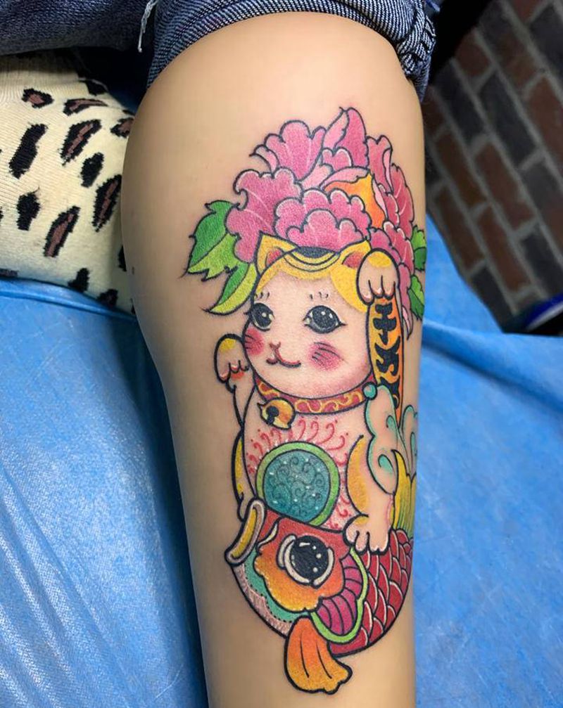 招财猫纹身图片_手臂胸部新传统纹身图案