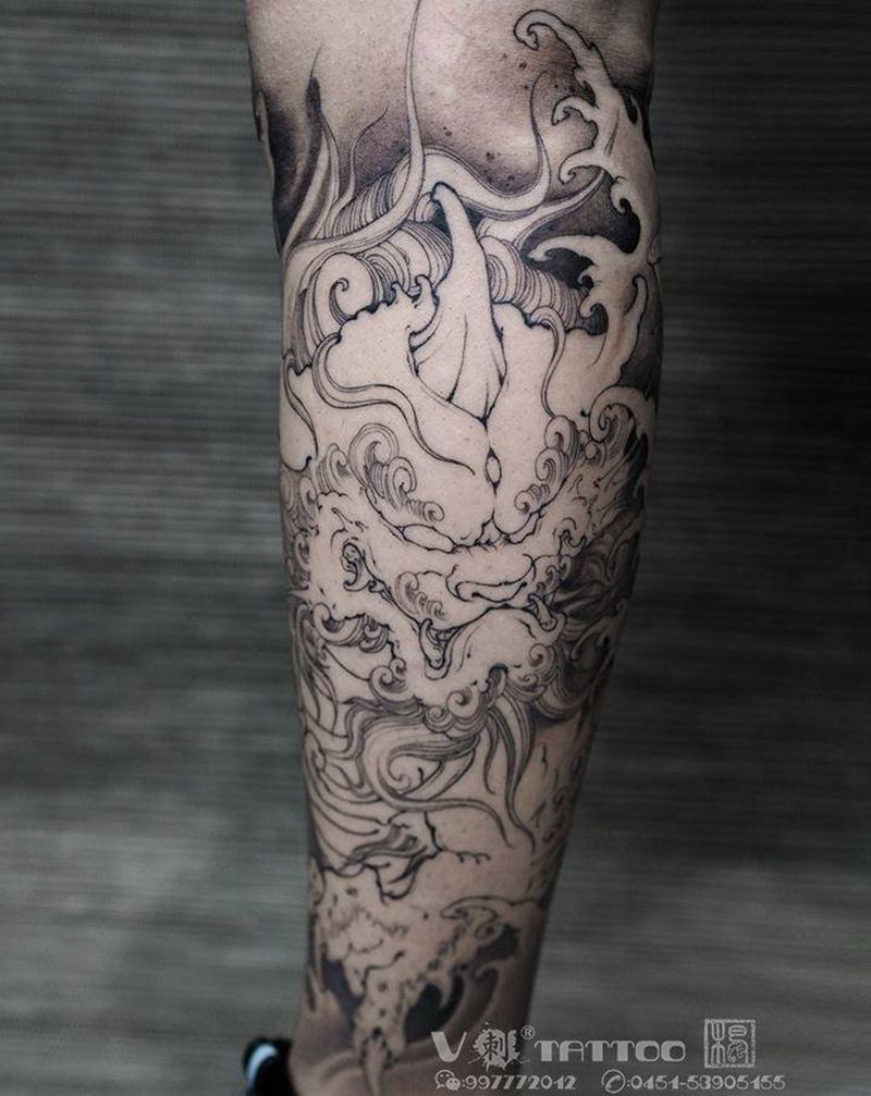 《唐狮风采》未完.纹身图片_腿部老传统新传统唐狮彩色小腿纹身图案