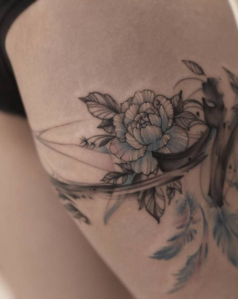 水墨腿环纹身图片_腿部水彩水墨彩色花卉清新纹身图案