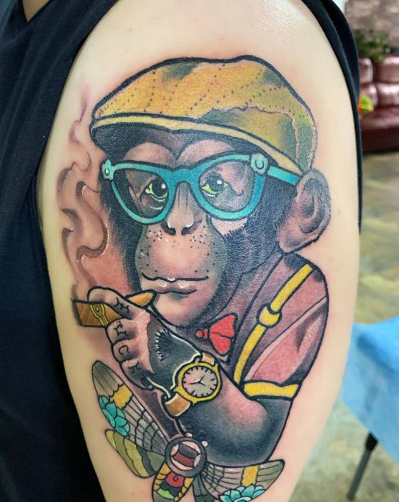 猴子纹身图片_胸部手臂欧美写实纹身图案