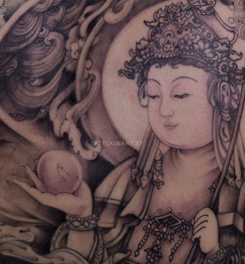 佛魔一念纹身图片_背部新传统纹身图案