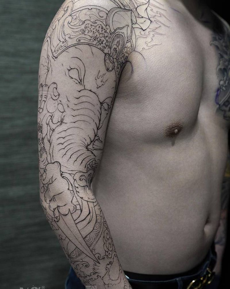 《象鼻财神》纹身图片_手臂胸部老传统新传统花臂招财象神纹身图案