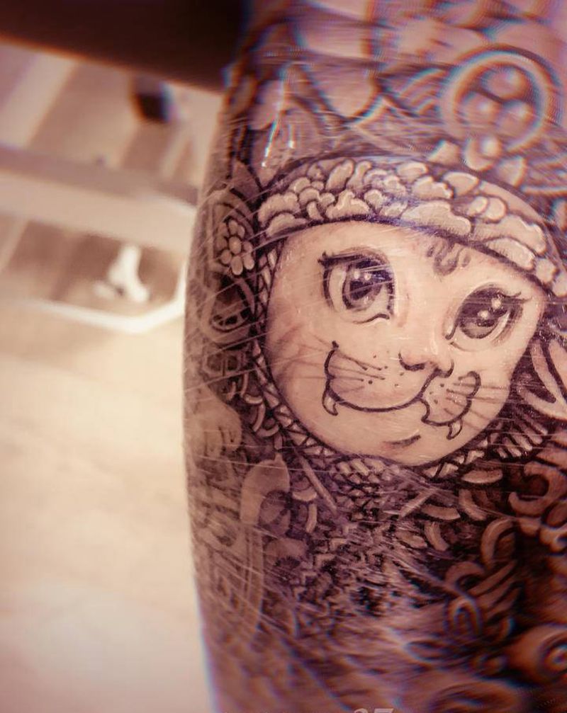 喵纹身图片_腿部新传统招财猫纹身图案