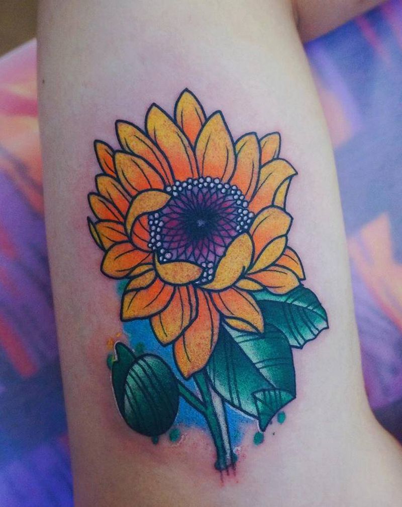 向日葵纹身图片_手臂New School水墨纹身图案