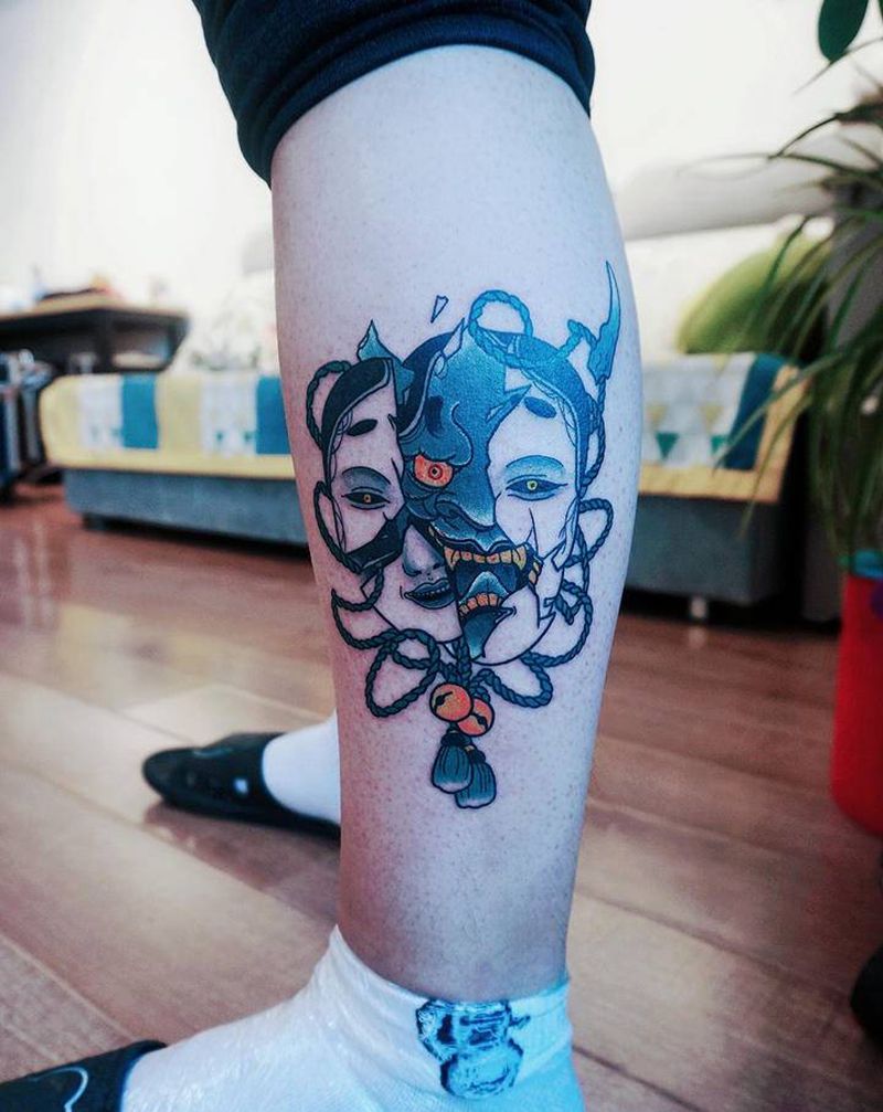 小面般若纹身图片_腿部纹身图案