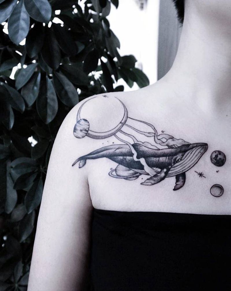 鲸鱼&月亮纹身图片_New School纹身图案