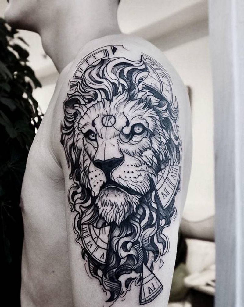 线条风格 狮子纹身图片_手臂几何点刺纹身图案