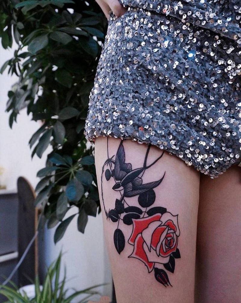 school玫瑰燕子纹身图片_腿部Old School纹身图案