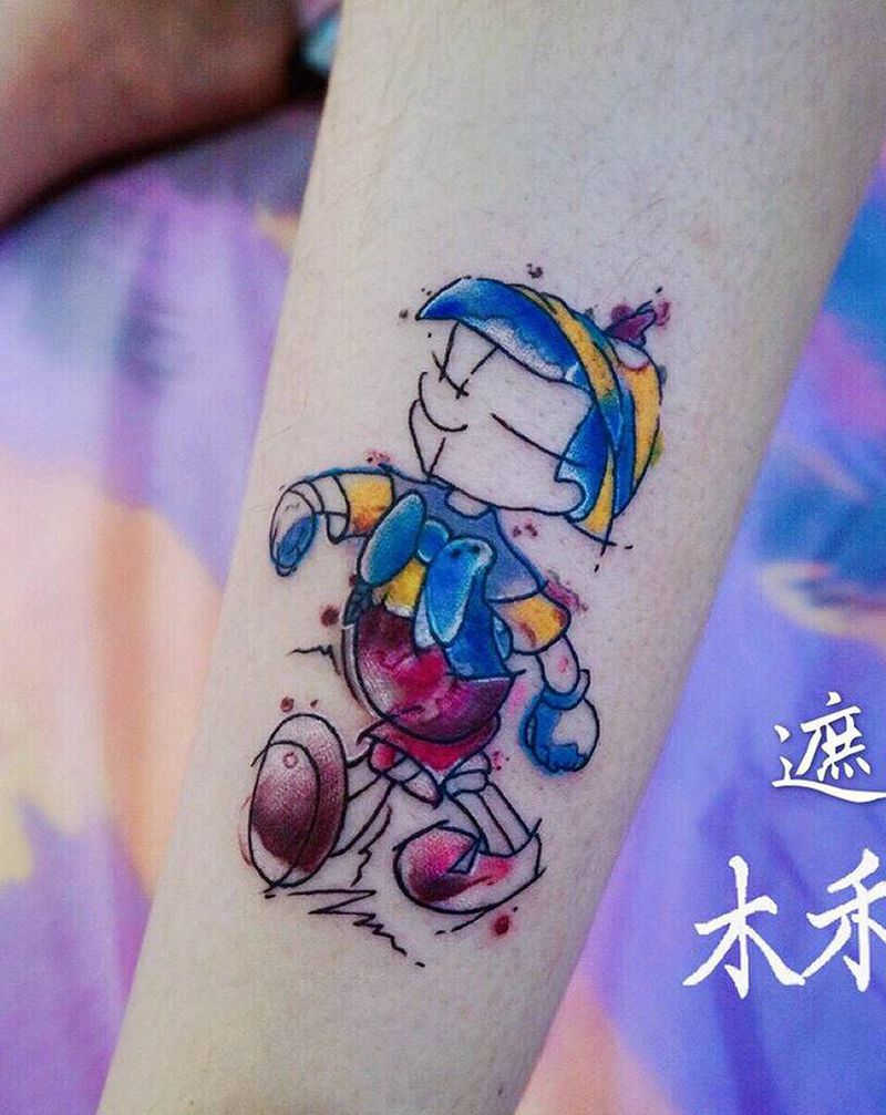 比诺曹 遮盖烫疤纹身图片_手臂腿部New School水彩纹身图案