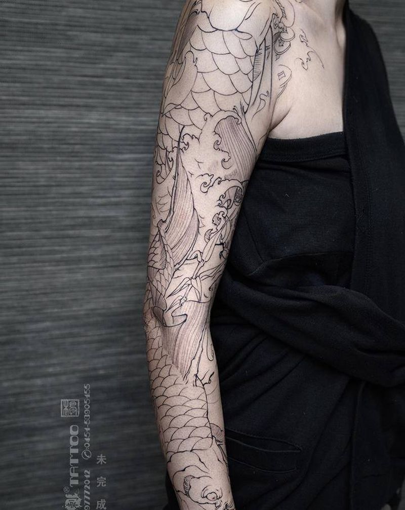 鱼跃龙门纹身图片_手臂手部老传统新传统花臂鲤鱼招财纹身图案