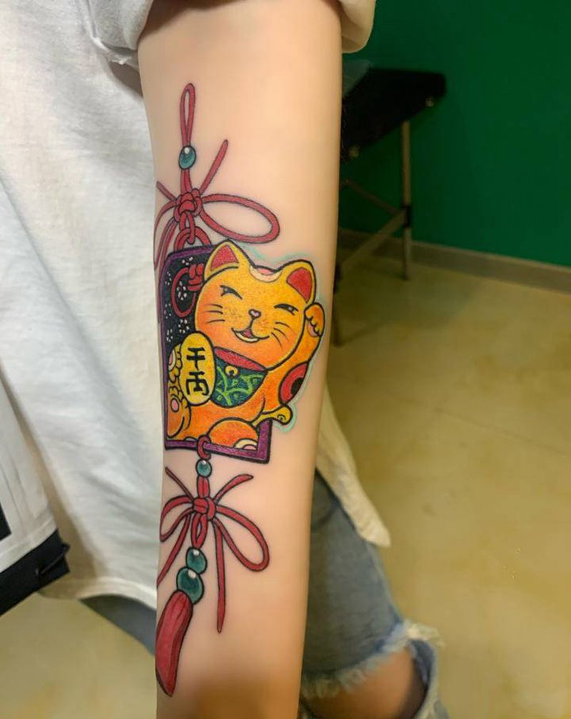招财猫纹身图片_手臂新传统纹身图案
