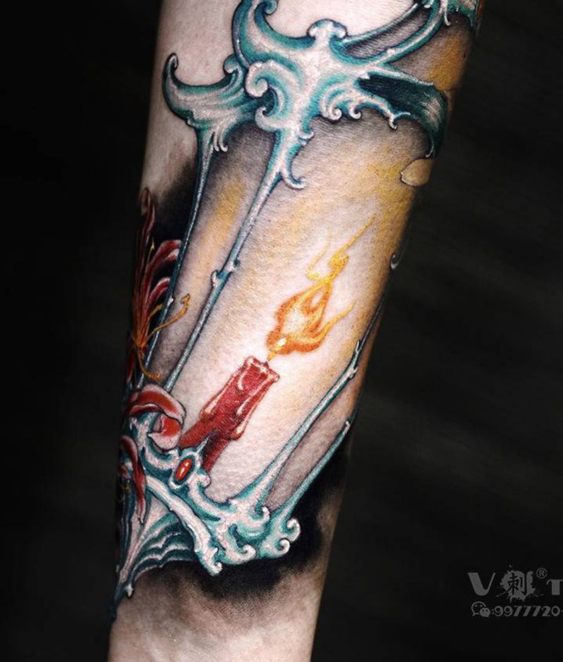 《提灯照胆看江山》纹身图片_手臂手部老传统新传统花臂花彩色纹身图案