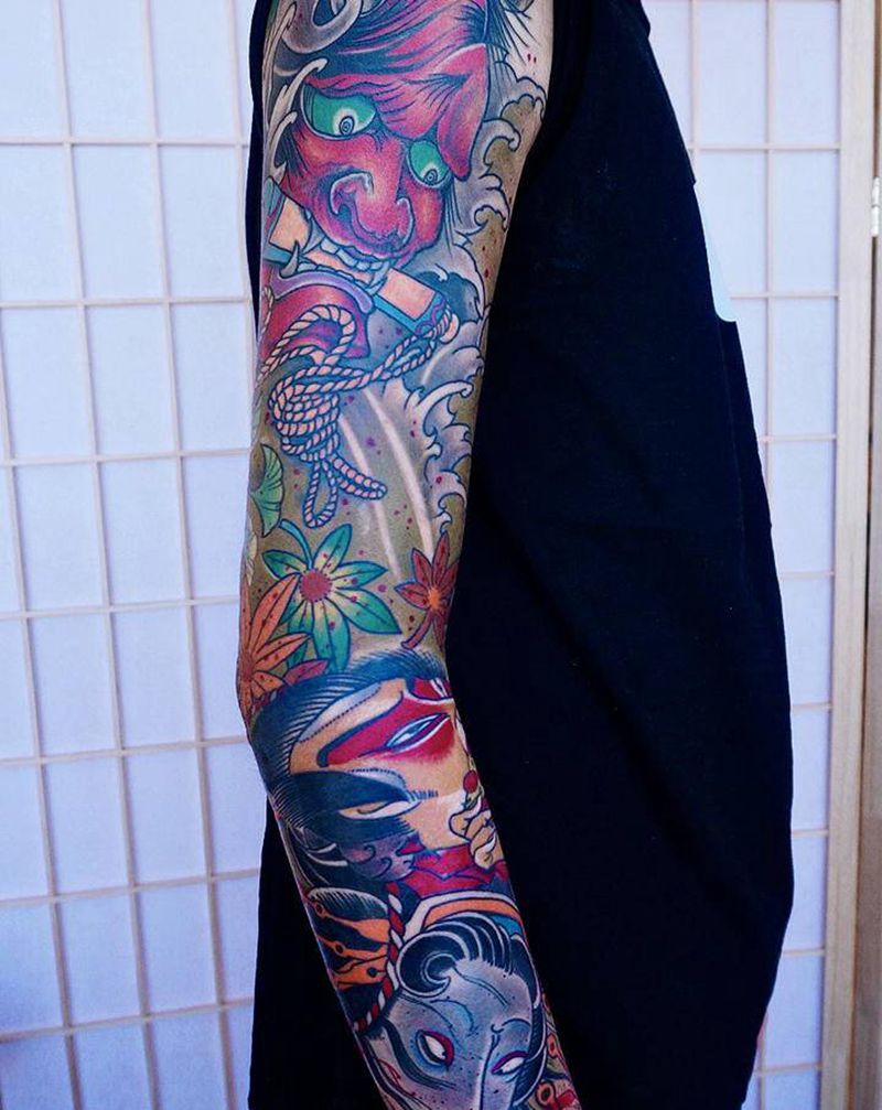 小面般若纹身图片_手臂老传统新传统纹身图案