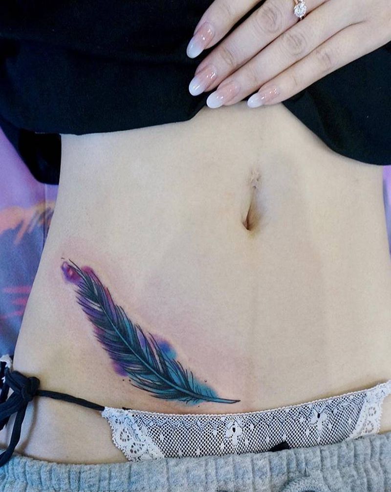 羽毛遮盖疤痕纹身图片_水彩纹身图案