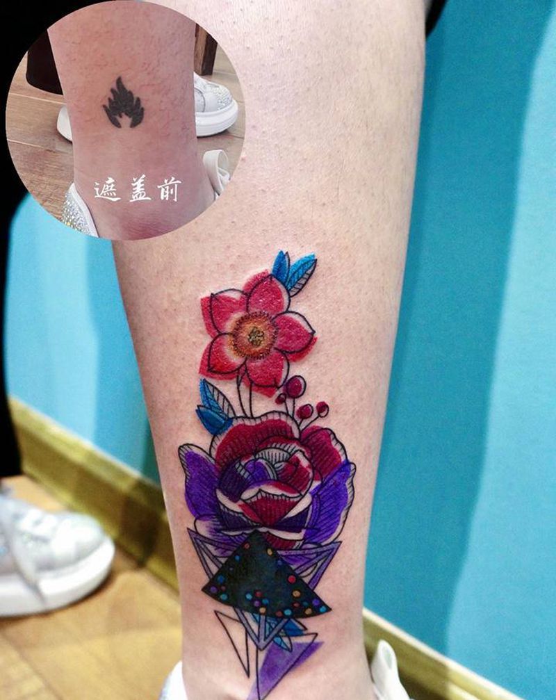 遮盖旧图纹身图片_腿部Old School水彩纹身图案