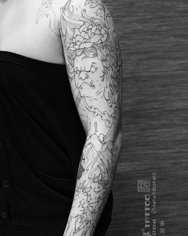 不动明王纹身图片_手部手臂老传统新传统花臂不动明王彩色纹身图案