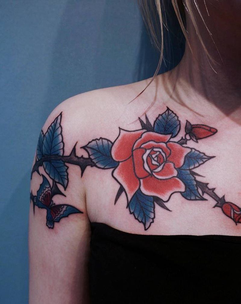 school花纹身图片_胸部Old School纹身图案