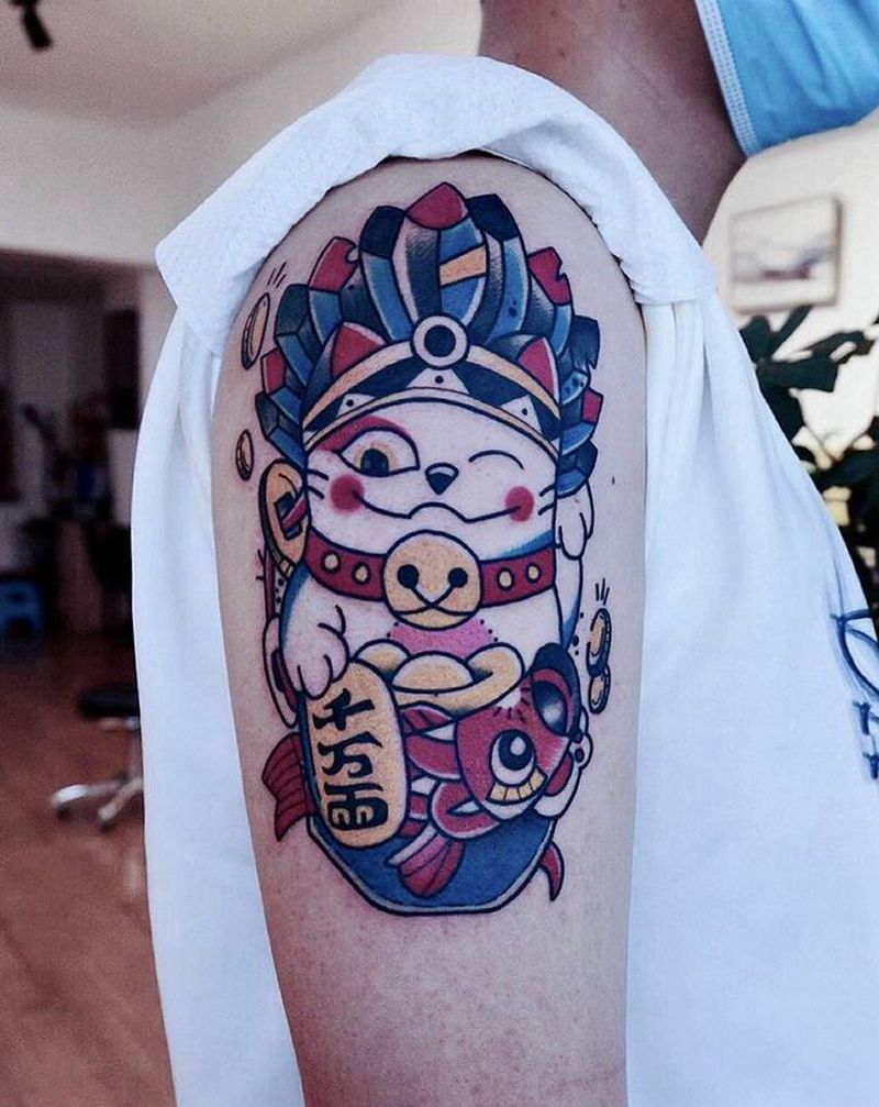 school招财猫纹身图片_手臂Old School纹身图案