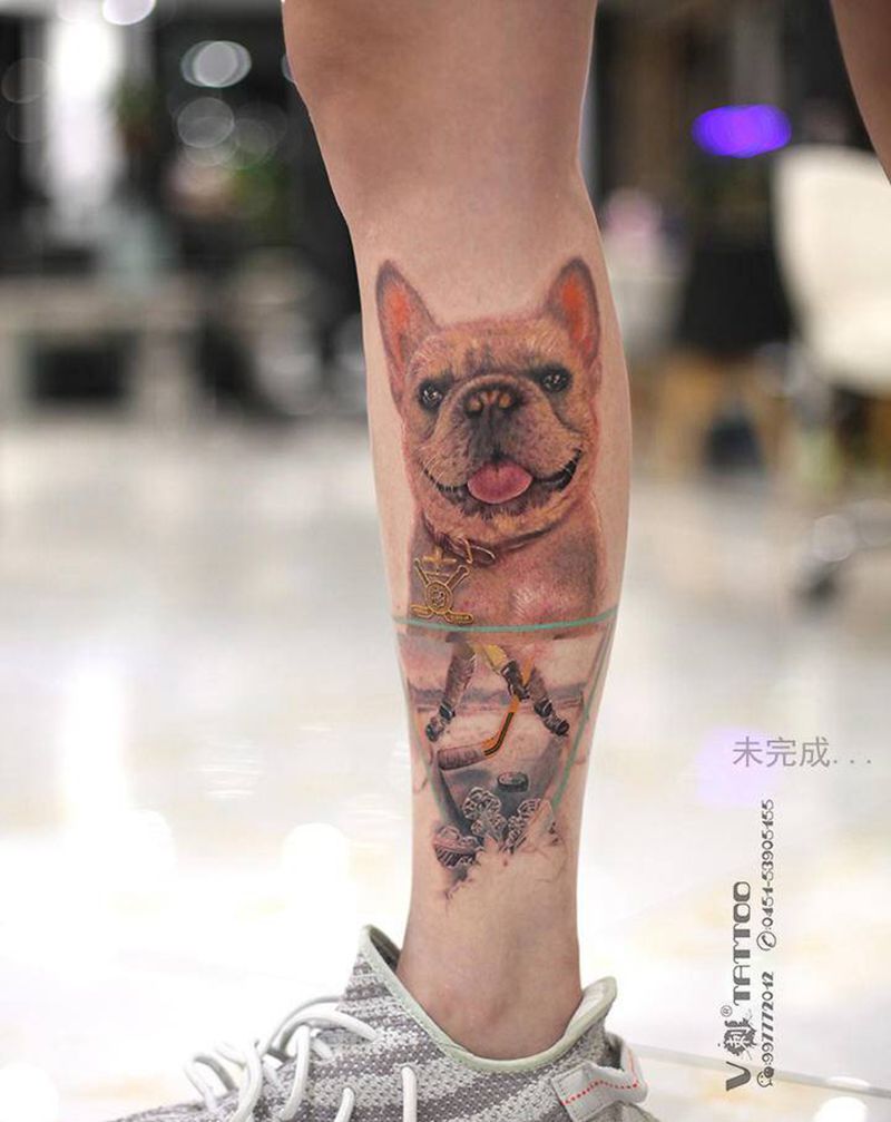 不偏爱，很自在！纹身图片_腿部欧美写实狗狗写实爱犬纹身图案