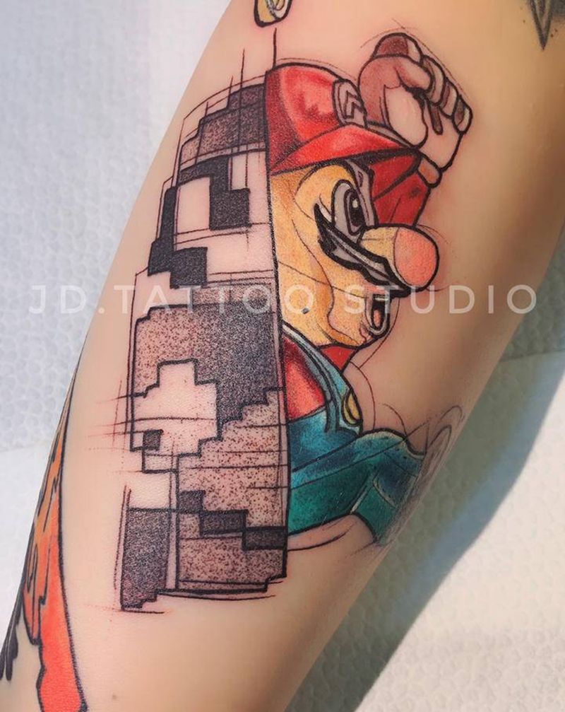 马里奥纹身图片_手臂点刺水彩纹身图案