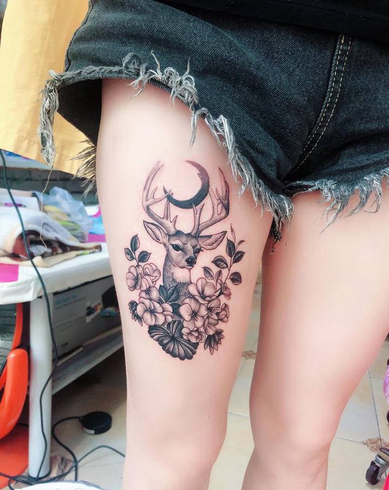 鹿纹身图片_腿部新传统纹身图案