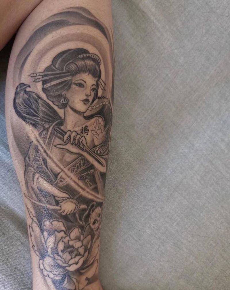 艺妓纹身图片_腿部新传统艺妓纹身图案