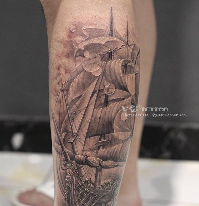 # 乘风破浪纹身图片_腿部欧美写实帆船小腿欧美纹身图案