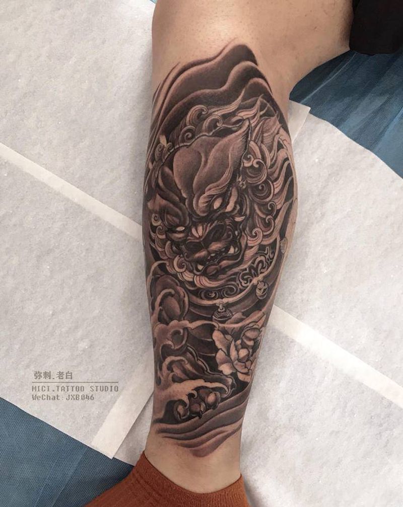 唐狮纹身图片_腿部新传统唐狮纹身图案