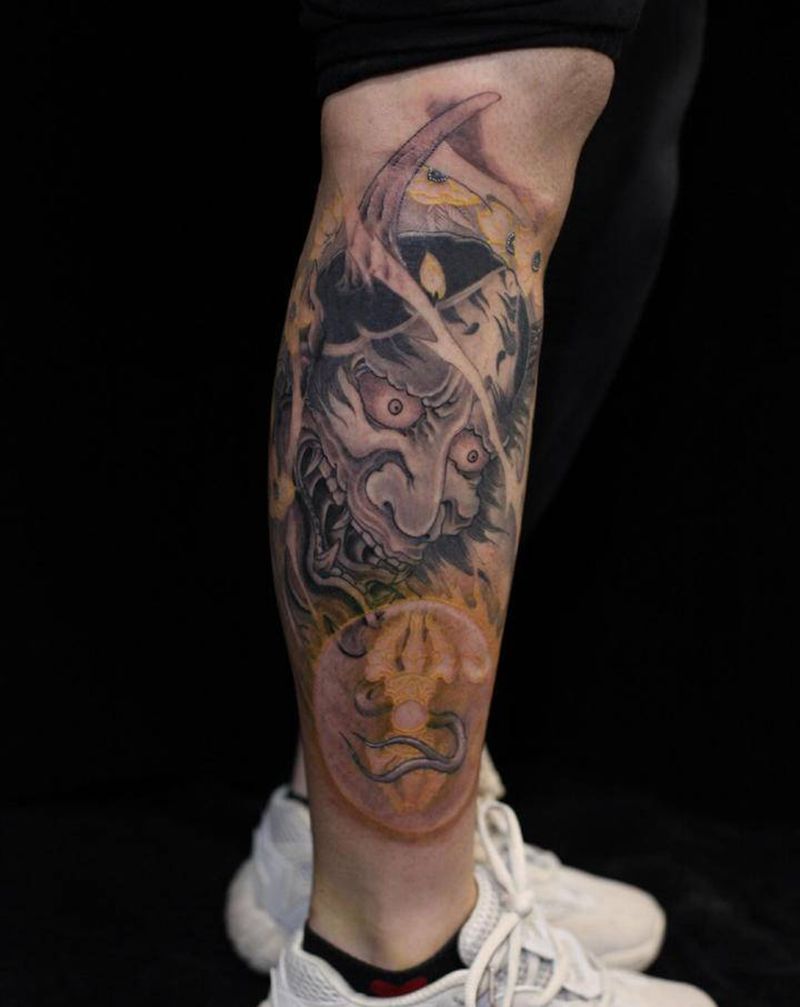 小腿般若纹身图片_腿部新传统般若小腿纹身图案