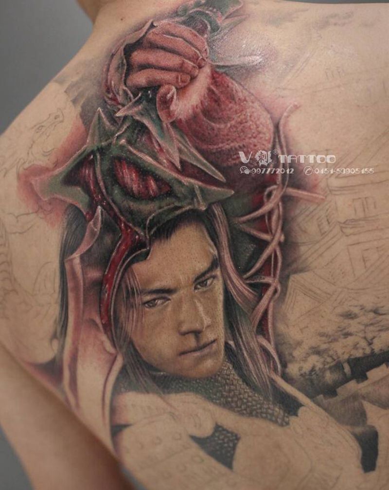 近期未完成…纹身图片_背部欧美写实新传统满背人物哈尔滨纹身图案