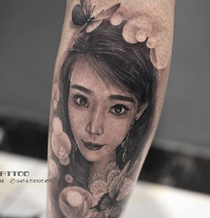 给你全世界纹身图片_腿部欧美写实肖像人物照片纹身图案