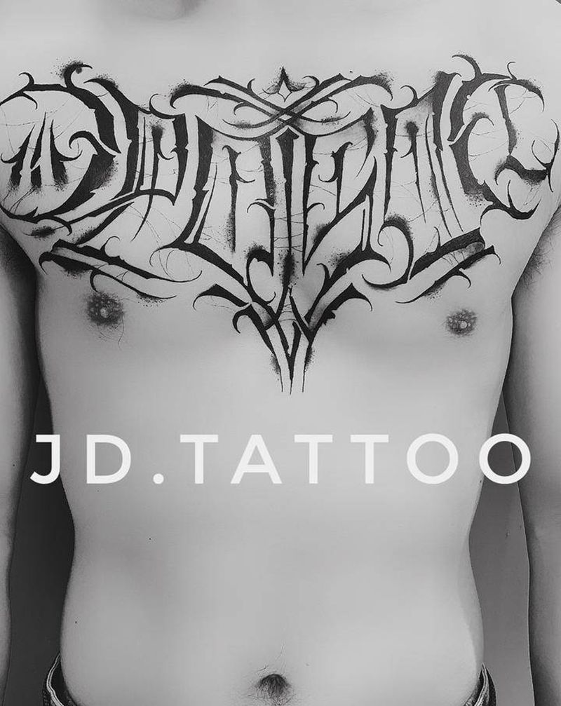 暗黑字纹身图片_胸部花体字字纹身图案